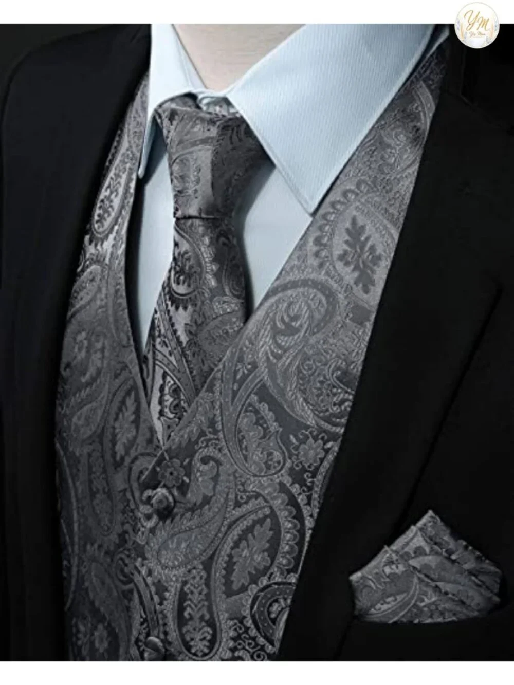 Men's Paisley Floral Jacquard Suit Vest with Tie & Pocket Square 3PC Set